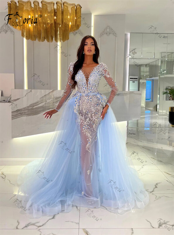 Appliques di pizzo di lusso 3D abito da sposa a sirena con treno staccabile manica lunga abiti da sera arabi perline pietre abito formale