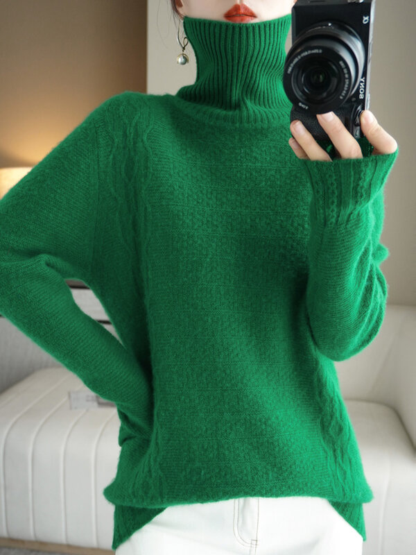 100% wanita Merino Sweater wol musim gugur musim dingin tebal pullover hangat lembut Turtleneck memutar lengan panjang kasual rajut kasmir