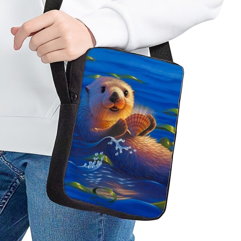 Cartoon Swimming Otter Print Messenger Bag for Kids Fashion Casual Travel Shoulder Bag Small Capacity Adjustable Crossbody Bags
