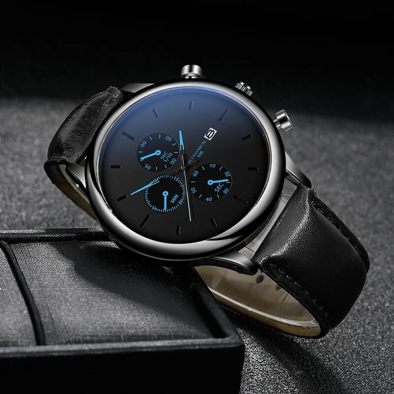 นาฬิกาควอตซ์ของผู้ชายนาฬิกาควอตซ์หรูหราสาย Casual Leather สำหรับบุรุษนาฬิกากีฬาปฏิทินนาฬิกาบุรุษ