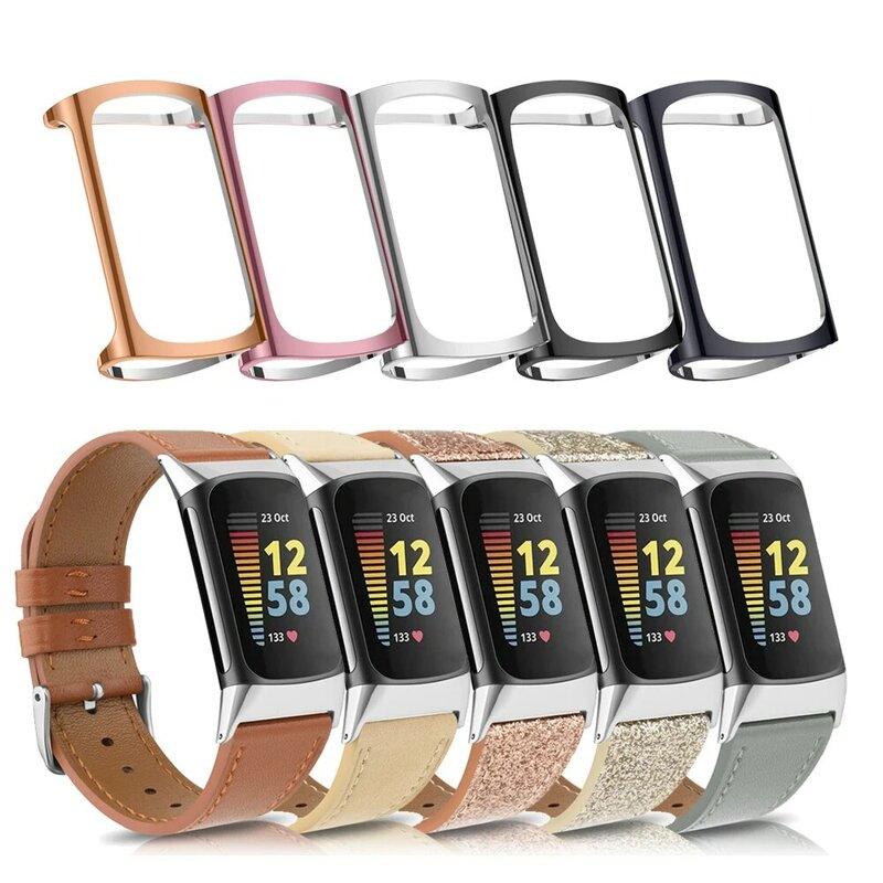 Leather Strap+ Case For Fitbit Charge 5 Band with TPU Case Bracelet Watch band Wristband For Fitbit Charge 5 Strap Replacement