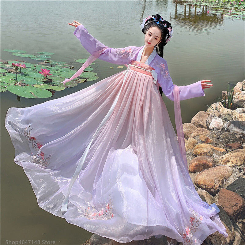 Винтажное милое платье ханьфу в китайском стиле, женские элегантные костюмы принцессы с цветочной вышивкой, косплей, наборы одежды для сценического танца