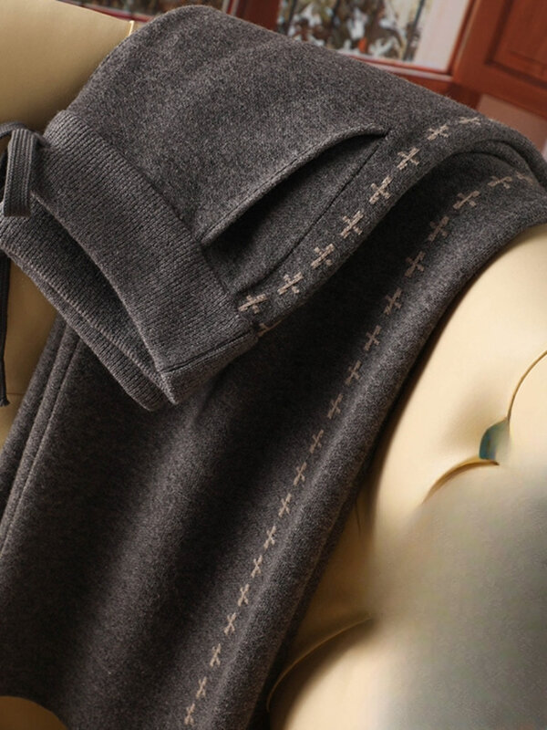 2023 hochwertige Wollhose Damen modische All-Match einfache verdickte Wolle gestrickt gerade weit geschnittene Hose e34
