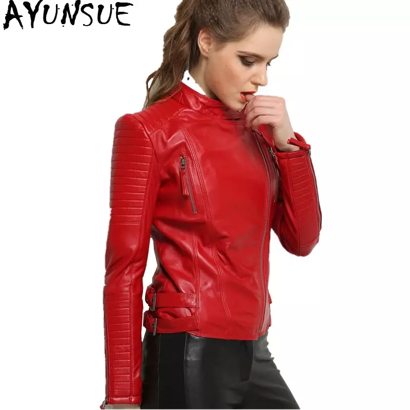 AYUNSUE-Jaqueta de couro genuíno feminino, casaco de pele de carneiro 100% real, jaquetas curtas finas, casacos femininos