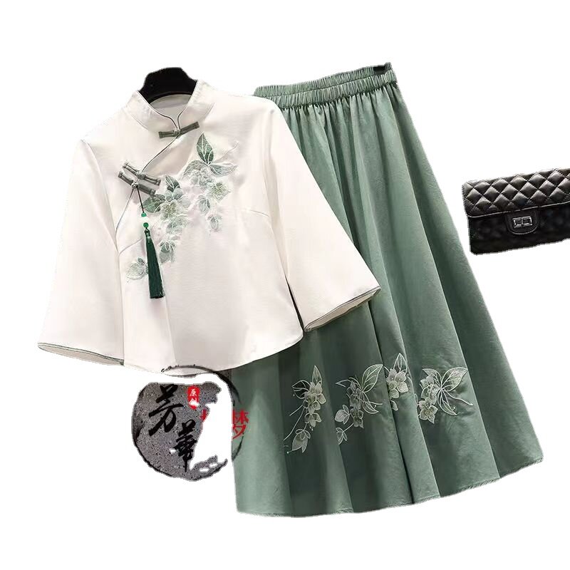 女性のための特大の夏の蝶ネクタイ,刺繍された中国のスーツ,ドレスシャツ,ツーピースセット,大きいサイズ
