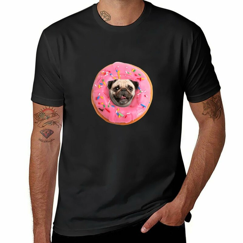 퍼그 딸기 도넛 티셔츠, 애니메이션 의류, 귀여운 상의, 반팔 티, 남성 의류