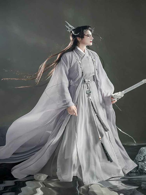 Hanfu kostum Cosplay abu-abu bordir Tiongkok Pria & Wanita ukuran besar XXL set 7 buah Hanfu elegan Vintage ukuran Plus 2XL