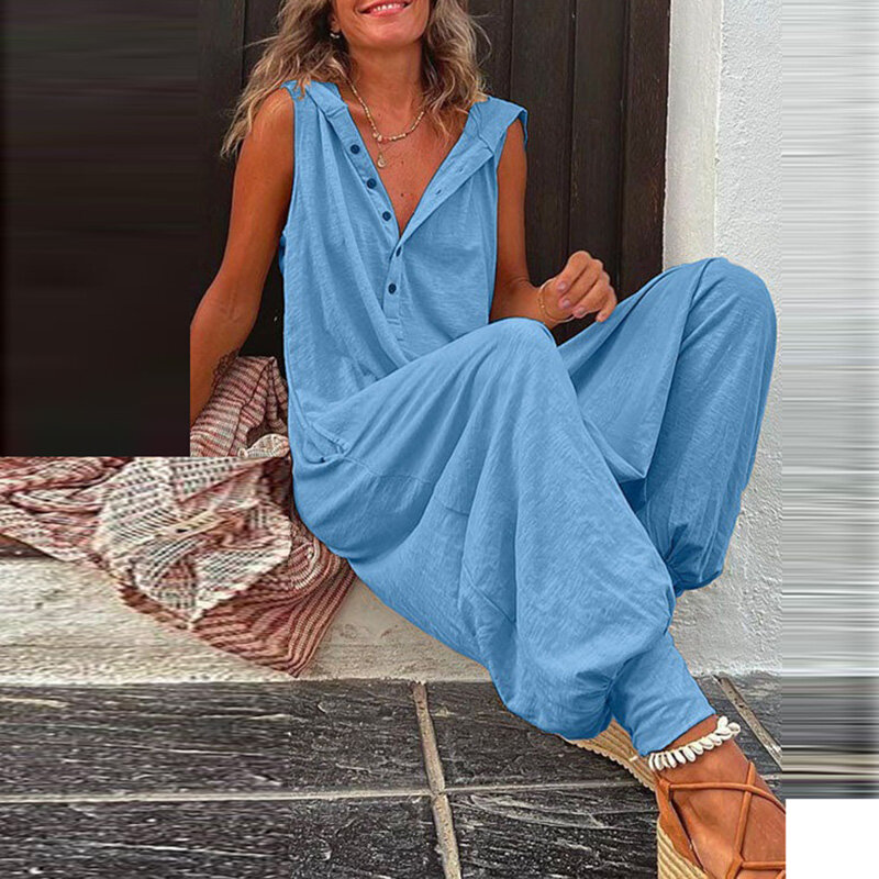 Vintage Button Jumpsuit Summer Women Causal Beach Cross-pants Playsuit Fashion Loose Solid Sleeveless Hooded Romper Streetwear