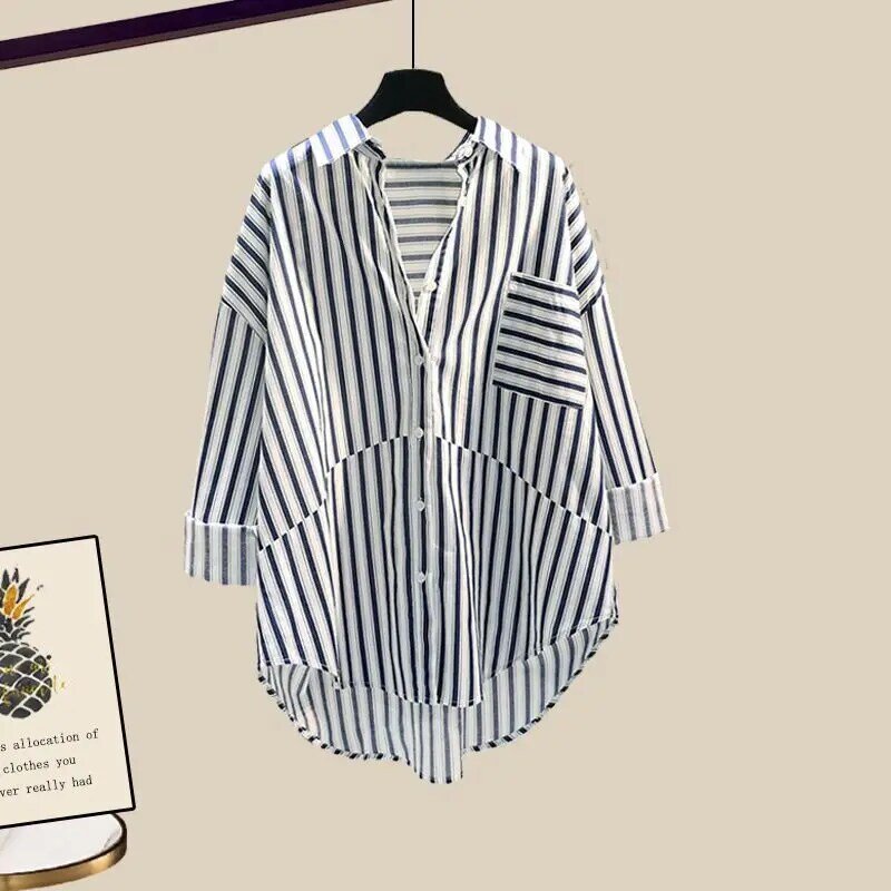 Spring/Summer Set Women's New Style Striped Sunscreen Shirt Versatile Slim Denim Shorts with Suspenders Three Piece Set