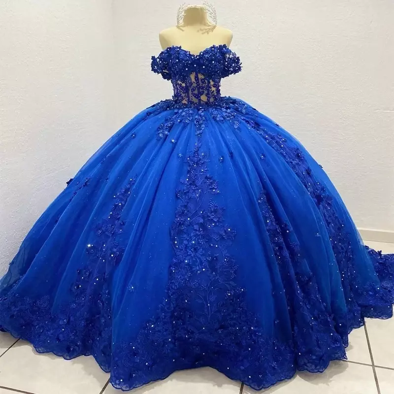 Royal Blue Glitter Quinceanera Vestidos, Princesa Apliques, Renda de Tule, Vestido de Festa, 15 Vestidos de Baile