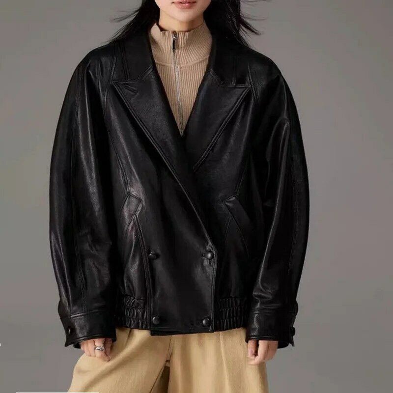 Куртка из 2023 натуральной кожи для осени и зимы, Новая повседневная черная мотоциклетная куртка из овчины растительного дубления для женщин