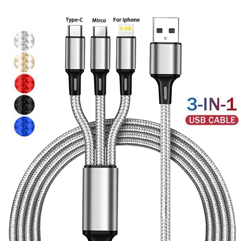 Lovebay-Cable de carga rápida USB 3 en 1, tipo C, Micro IOS, Multi cargador para iPhone, Huawei, Samsung, Cable trenzado de nailon