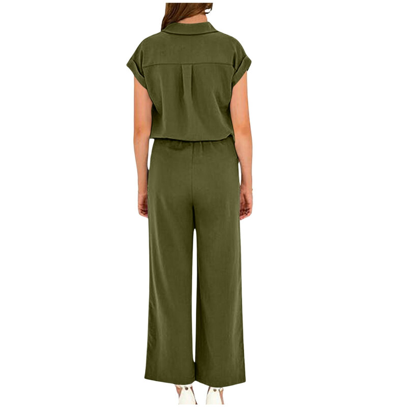 Traje de dos piezas para mujer, camisa de manga corta con botones de Color sólido y pantalones de pierna ancha sueltos, elegante, para oficina