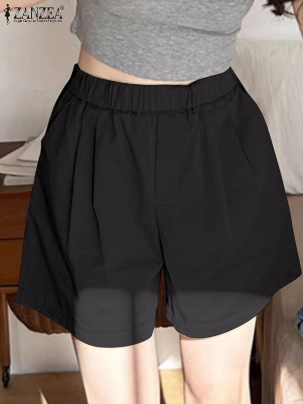 ZANZEA-pantalones cortos holgados para mujer, Shorts informales de cintura elástica, Color liso, ropa de trabajo a la moda, verano, 2024