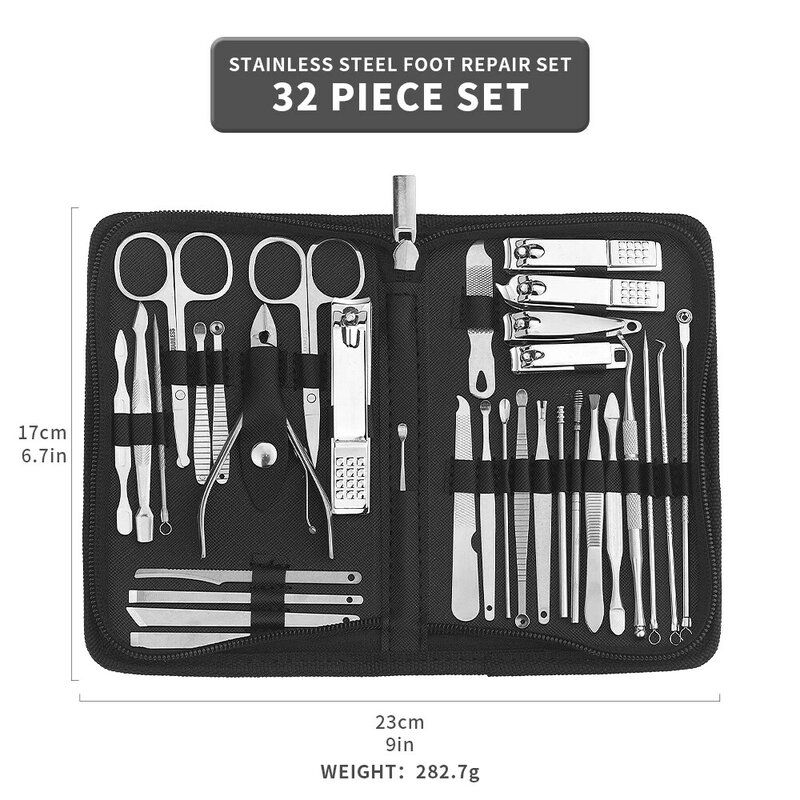Aço inoxidável Manicure Tool Set, Cutícula Nippers e Cutter Kit, profissional Nail Clippers, Pedicure Kit, Nail Art Tools, 32Pcs