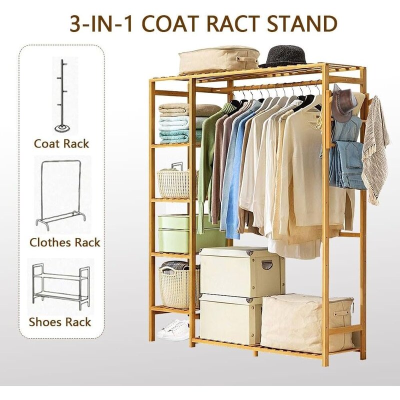Heavy Duty Clothes Hanging Rack with Tier Storage Shelves, Bamboo Clothes Rail with Shelves