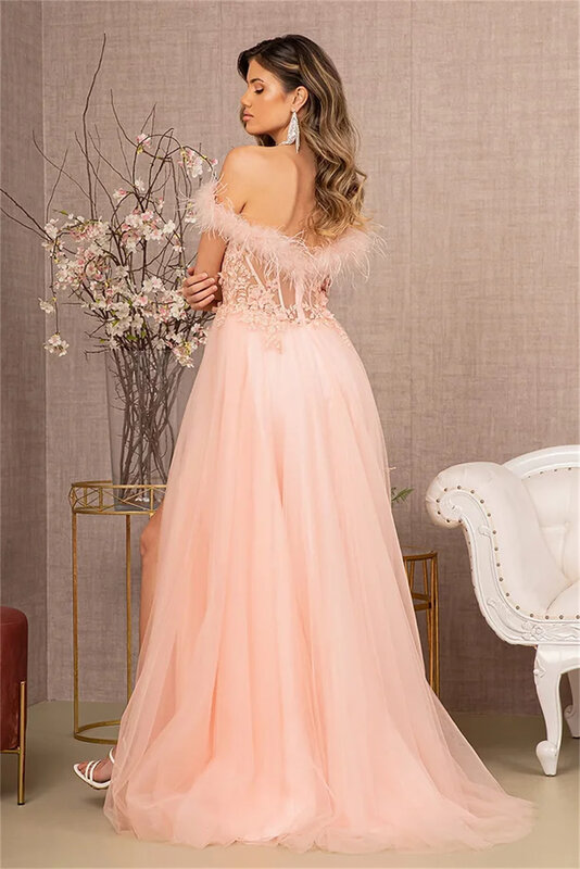 Женское вечернее платье, розовое платье с перьями и вышивкой, для выпускного вечера