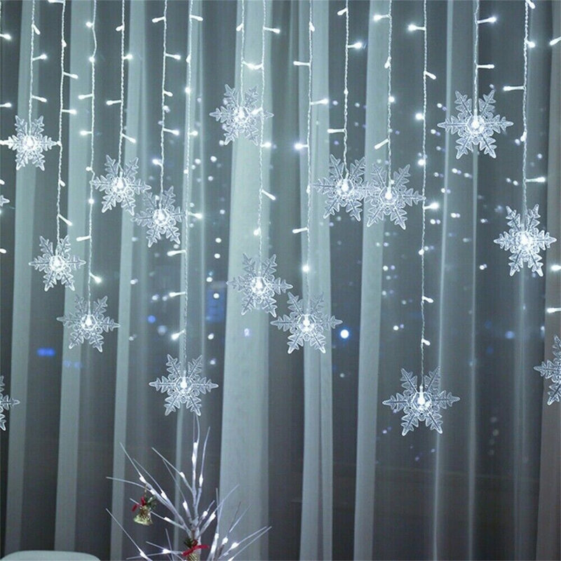 Lampu tirai Tahun Baru, lampu Natal Led kepingan salju 4M, lampu tali peri es, lampu karangan bunga luar ruangan untuk dekorasi pesta rumah, taman, Tahun Baru