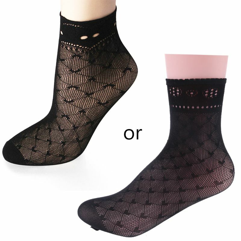 ถุงเท้าเหนือข้อเท้าสั้นสำหรับผู้หญิงเซ็กซี่ฤดูร้อนตาข่ายตาข่ายสีดำลูกไม้ลายดอก