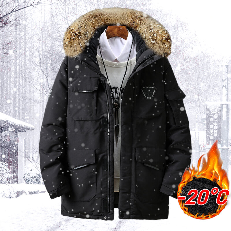 2022 Winter Warm mężczyzna płaszcz z kapturem grube futro kołnierz męska kurtka z kapturem na co dzień z długim rękawem Zipper odzież typu Outdoor męskie kurtki