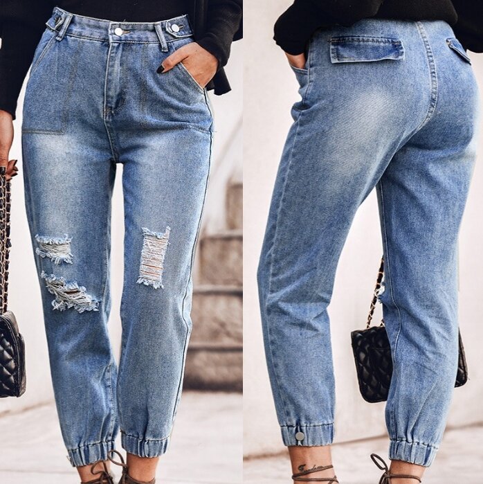 Женские повседневные потертые простые синие джинсы, женская одежда, темпераментные, для поездок, новинка 2024, весенние женские модные джинсовые брюки