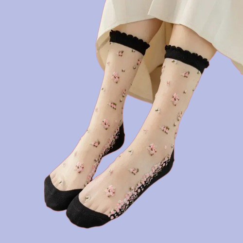 Kaus kaki Ultra tipis untuk wanita, kaus kaki musim panas elastis bahan renda sutra transparan, kaus kaki bunga mawar, kaus kaki pendek untuk wanita isi 5 pasang