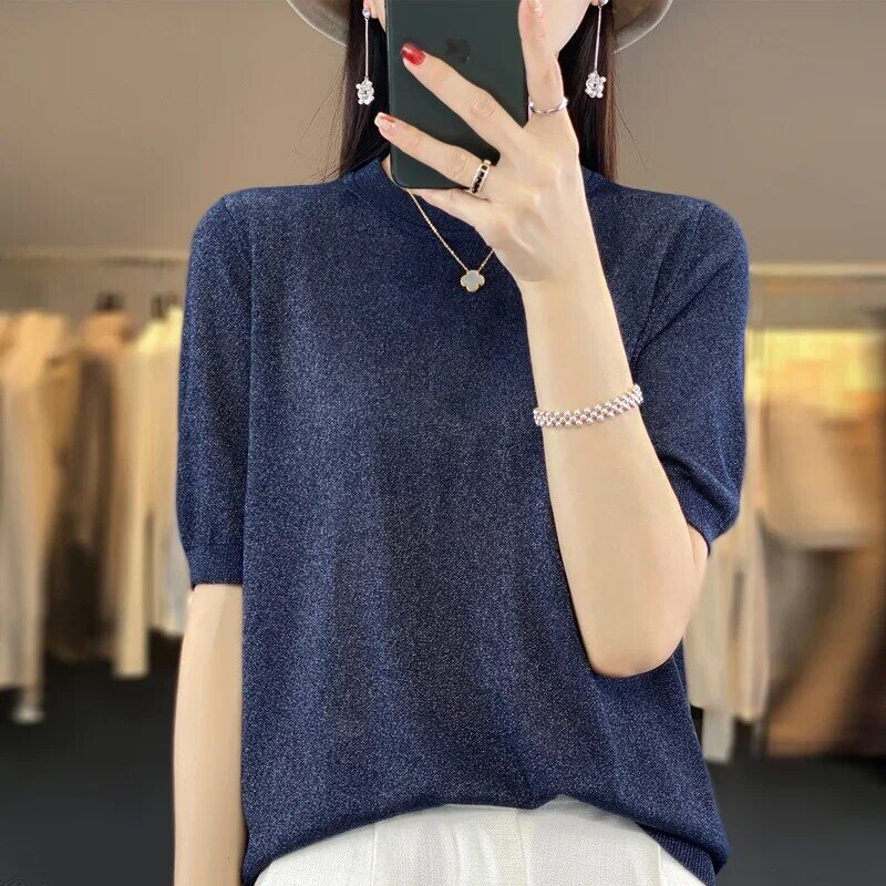 Summer Round Neck Ice Silk Short Sleeved Fashionable Loose New Women's Solid Gold Thread Thin Linen Knitted T-Shirt Top