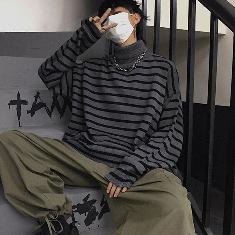Sweater Lengan Panjang Pria Turtleneck Musim Gugur Musim Dingin Baju Pasangan Pullover Longgar Harajuku Mode Korea Cetak Bergaris Vintage