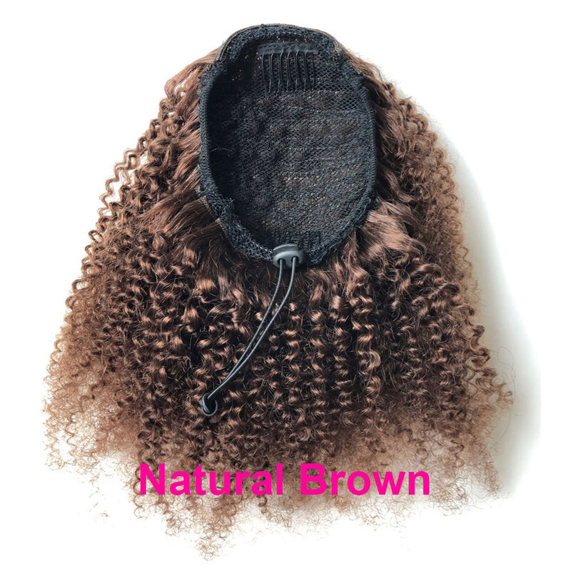 Afro Kinky Curly Human Hair Ponytail Drawstring Wome's Peruvian Remy Human Hair Clip in Ponytail Extension Natural Black Brown