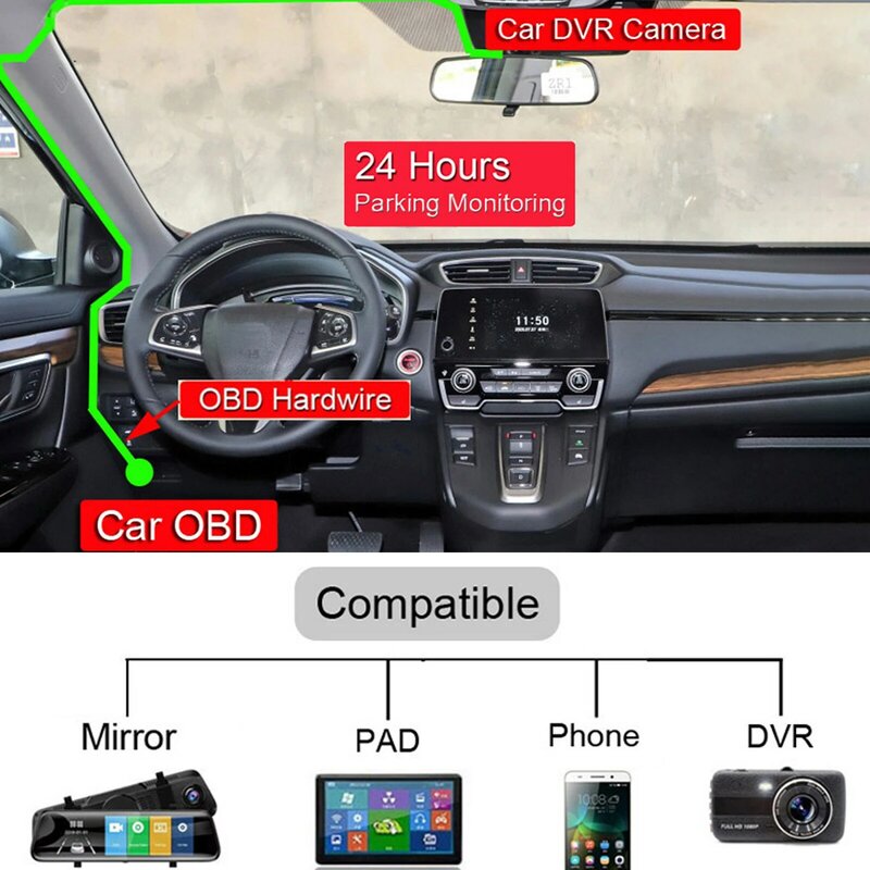 24Hours Parking Monitoring 5V 3A USB Car Charge Cable OBD Hardwire Kit With Switch 0.5meter Wire For Dash Cam Camcorder DVR