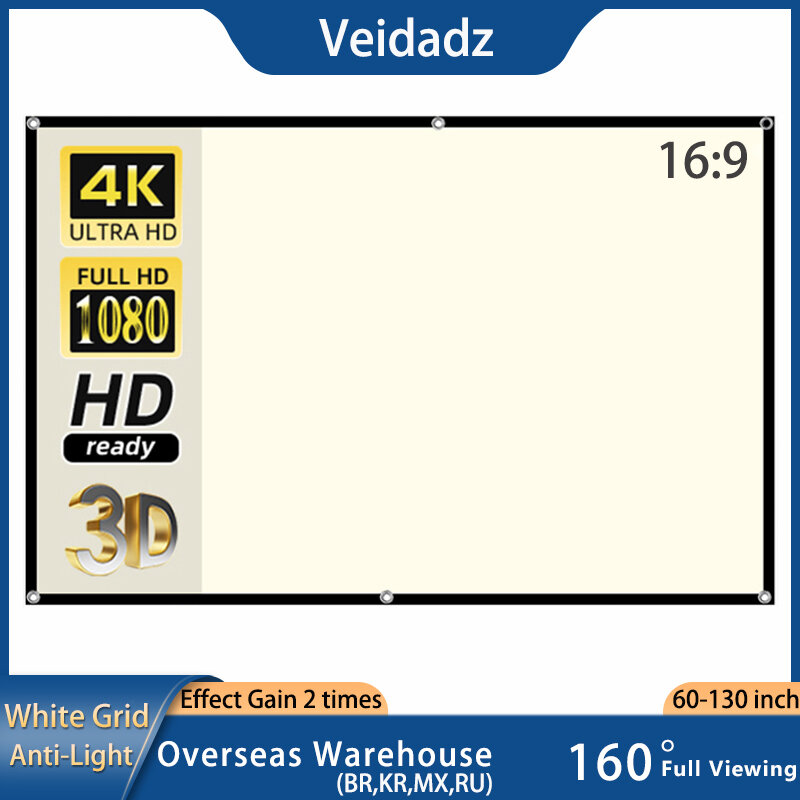 Экран для проектора VEIDADZ, белая сетка, анти-светильник, угол обзора 160 °, 60, 72, 84, 100, 120, 130 дюйма, отражающий экран с черной рамкой и металлическим крючком