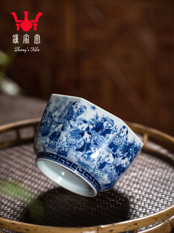 Zhongjia-pintado à mão octogonal xícara de chá cerâmica, azul e branco, Jingdezhen, Chai Kiln, Kung Fu, Figura Boy, Master Cup