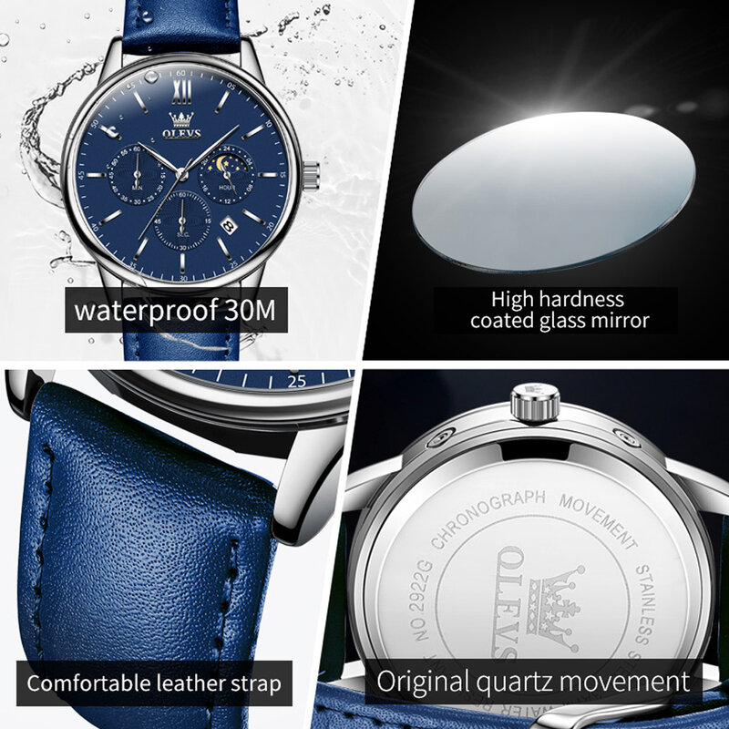 OLEVS-reloj analógico de cuero para hombre, accesorio de pulsera de cuarzo resistente al agua con cronógrafo, complemento masculino de marca de lujo con diseño de fases lunares, disponible en color azul