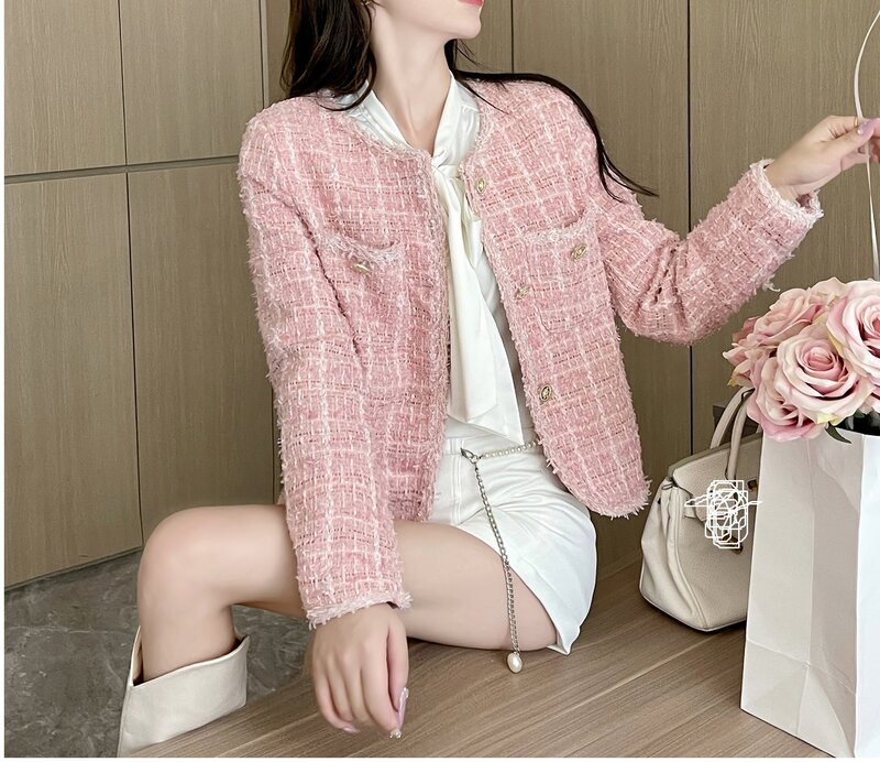Casaco de Tweed áspero feminino, vestido rosa de primavera e outono, casaco perfumado pequeno, celebridade estilo academia, design sense, novo, 2023