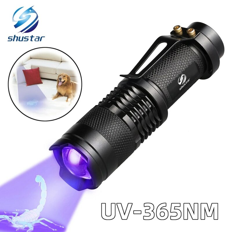 365NM ไฟฉาย UV Ultra Violet ที่มีฟังก์ชั่นซูม Mini UV Black Light เครื่องตรวจจับคราบปัสสาวะแมงป่องใช้ AA แบตเตอรี่