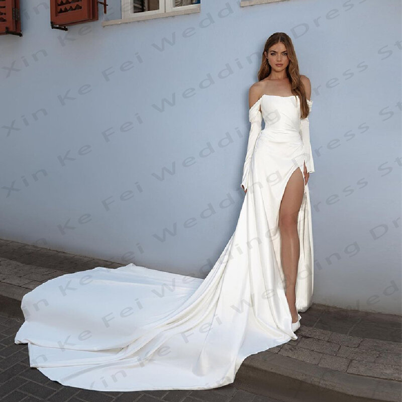 Eleganckie damskie seksowne suknie ślubne z jednym dekoltem z długim rękawem syrenka boczne rozcięcie Princess suknie ślubne Vestidos De Novia