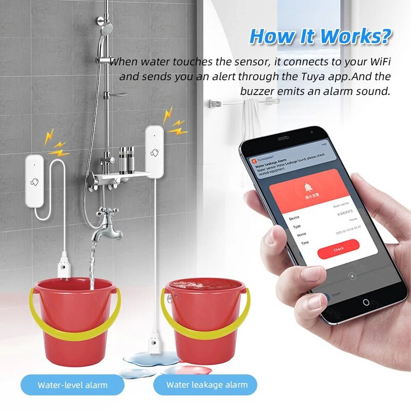 ZY Tuya WiFi Smart Water Leakage Sensor Detector Smart Home Flood Water Leakage Alarm Security System Work with Alexa Google