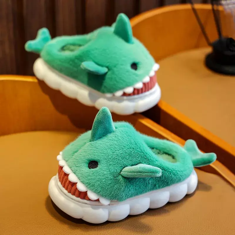 Children Cute Cartoon Shark Slippers Winter Heel Wrap Home Shoes Non-Slip Soft Sole Kids Boys Girls Warm Plush Shoes