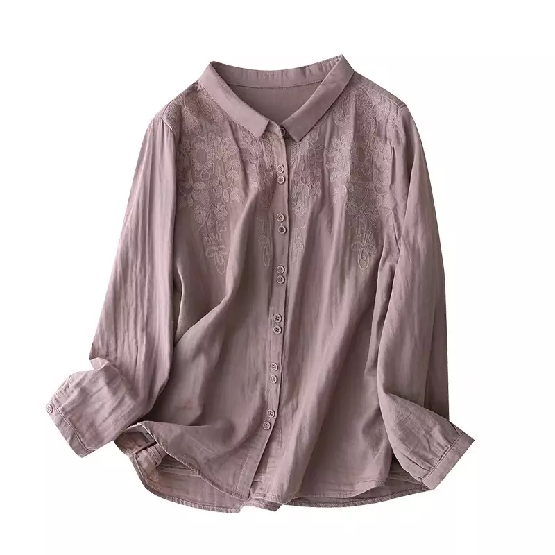 Haftowane bluzki w stylu chińskim Letnie koszule damskie w stylu vintage z długim rękawem Bawełniana odzież lniana Luźny top damski