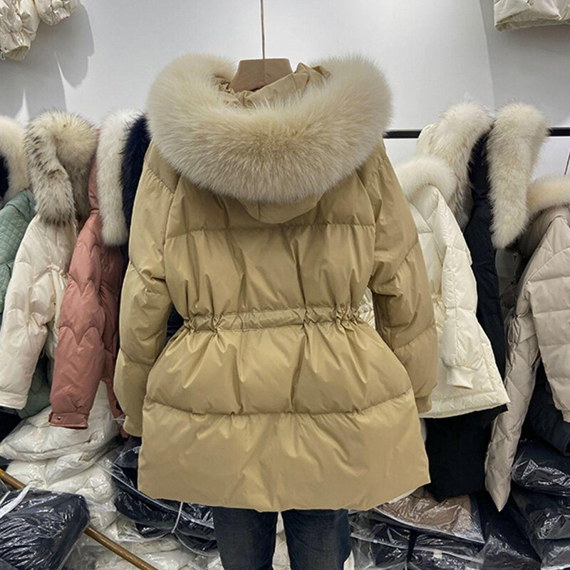 Зимние женские пуховики 2024, очень женское теплое пальто, женская куртка с поясом, парка с капюшоном и большим меховым воротником, пальто