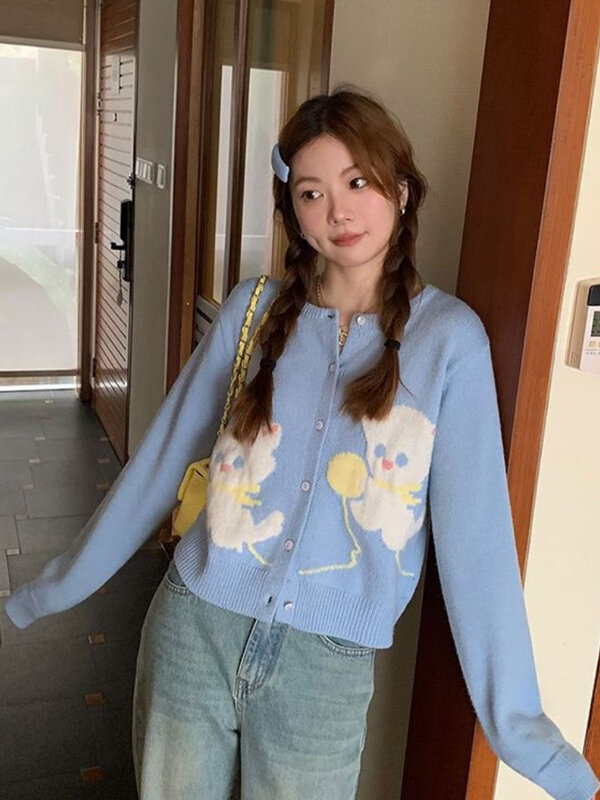 Deeptown Kawaii Cat Embroidery Cropped Cardigan Women Harajuku Sweet Cartoon Knitted Sweater Korean Casual Long Sleeve Y2K Tops