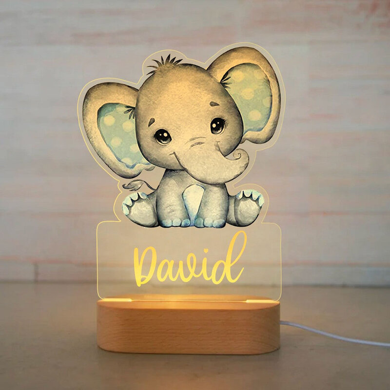 Lampu LED gajah singa bayi unik USB 7 warna lampu malam lampu akrilik nama khusus untuk anak-anak kamar tidur dekorasi rumah