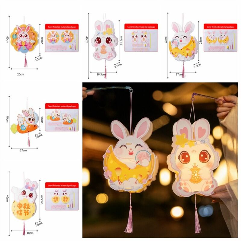 Linterna portátil de conejo de Jade para niños, Kit de Material de linterna de dibujos animados, hecho a mano, decoración de PP, Festival de medio otoño