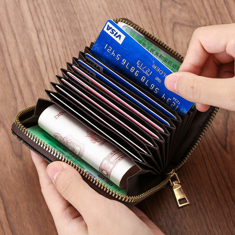 ใหม่กระเป๋าใส่บัตรหลายช่องป้องกันแม่เหล็กกันขโมยมีช่องใส่บัตรเครดิตกระเป๋าสตางค์มีซิปแบบหนังหนัง PU บัตรธนบัตร dompet koin กระเป๋าใส่ของ