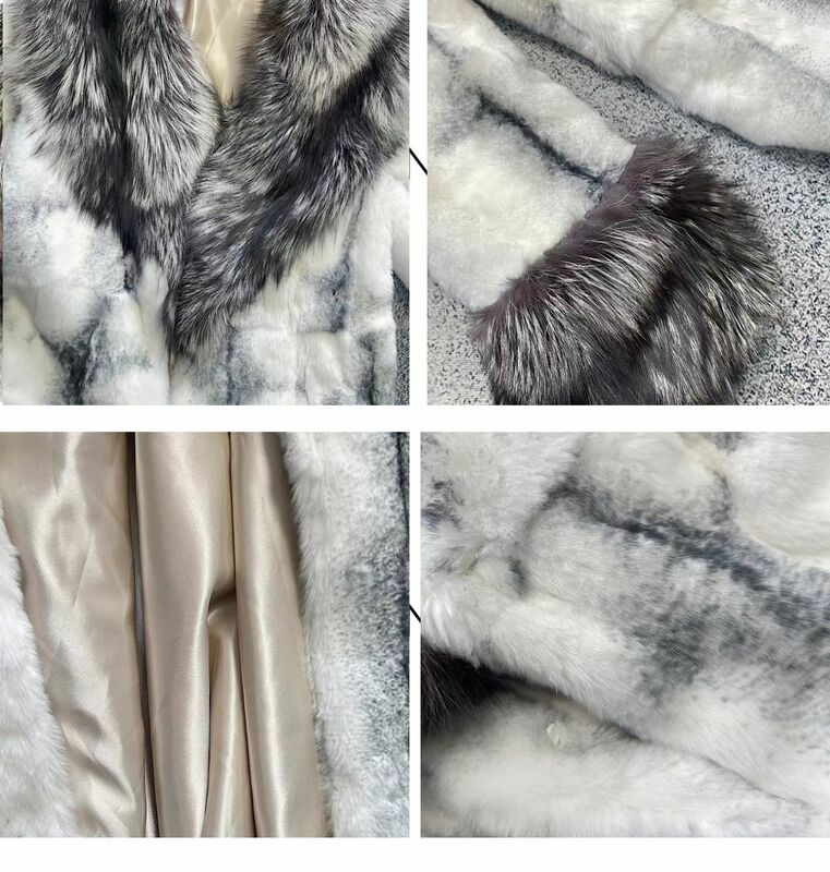 2023Real fur,  Winter Women Natural Rabbit Fur Coat Long with Large Silver Fox Fur Collar Sleeve Cuffs Ladies Fashion Overcoat