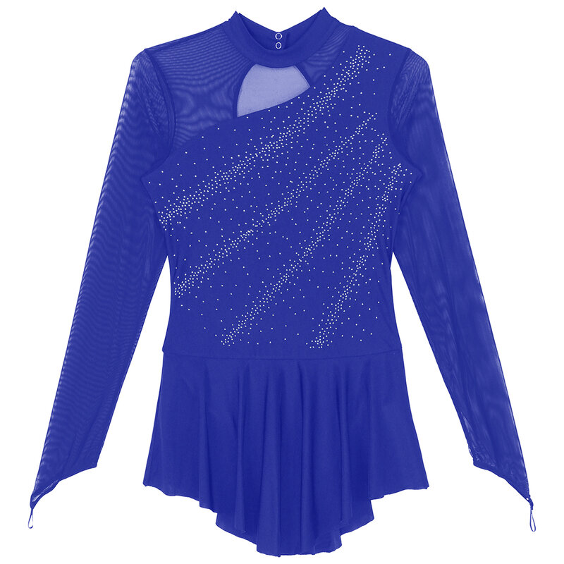 Tiaobug-Vestido de manga larga para mujer, vestido de baile de patinaje artístico con purpurina, diamantes de imitación, malla transparente, retales, leotardo, espalda, abertura en forma de cerradura