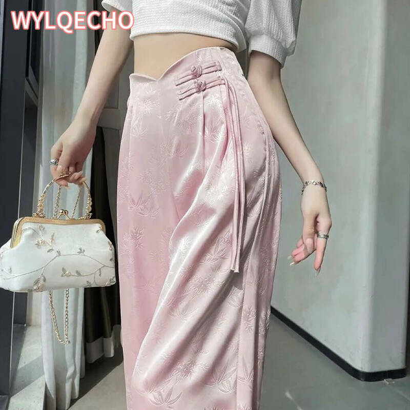 Celana setelan Jacquard Satin Cina, merah muda baru untuk wanita musim semi/musim panas 2024 pinggang tinggi longgar kancing lurus celana kaki lebar