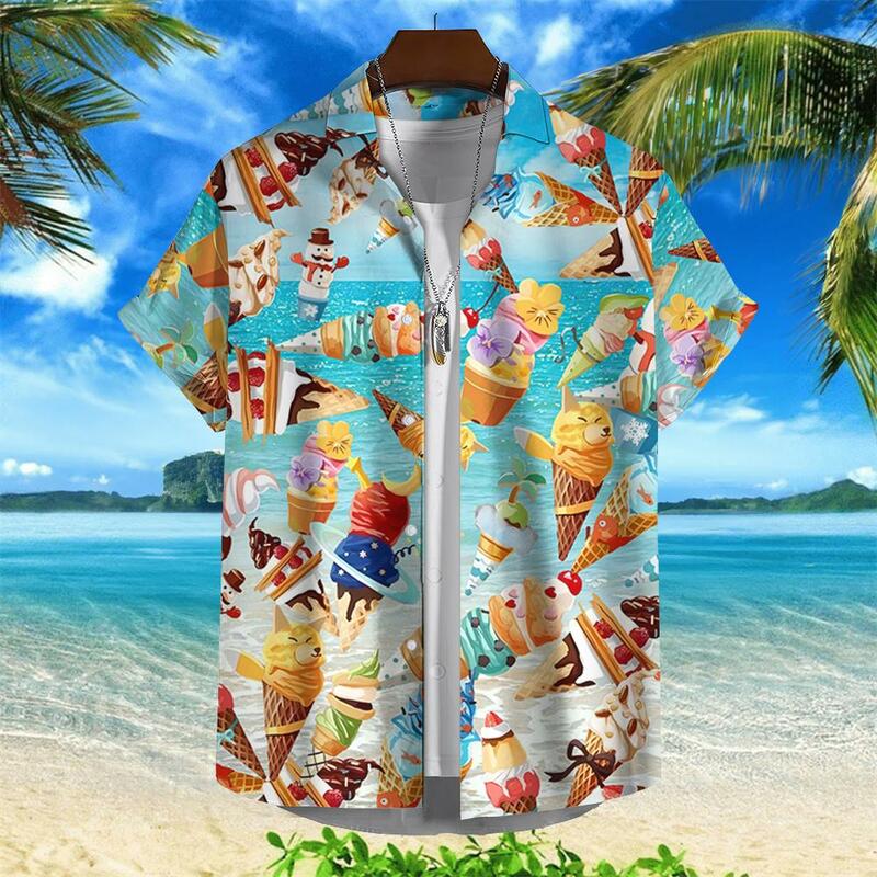 Гавайская рубашка с рисунком мороженого для мужчин, испанская рубашка с коротким рукавом, летняя уличная одежда, модная пляжная фотография