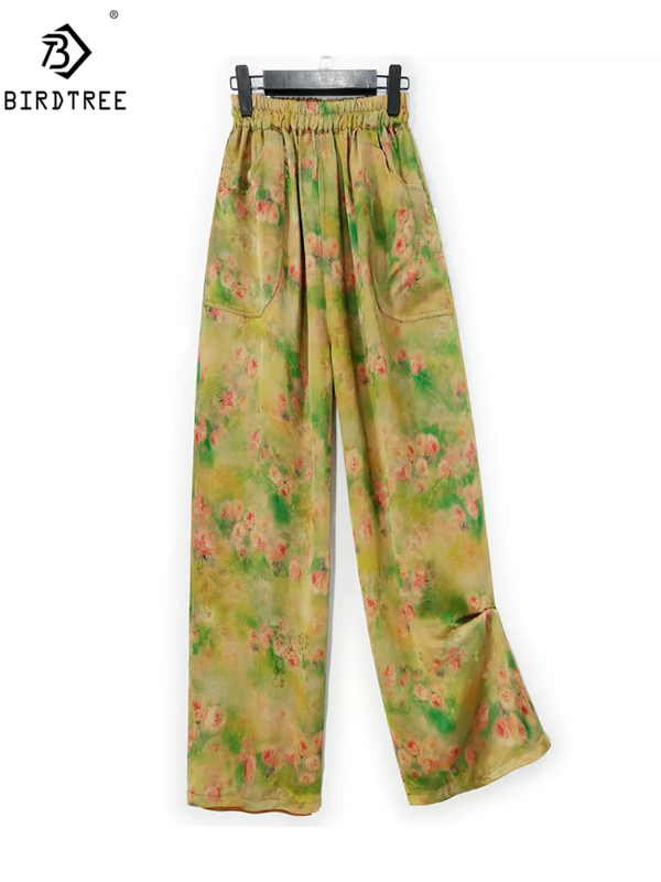 Birdtree-pantalones de pierna ancha de seda Natural para mujer, pantalón de cintura alta, Floral, Retro OL, suelto, primavera y verano, 35MM, B45245QM