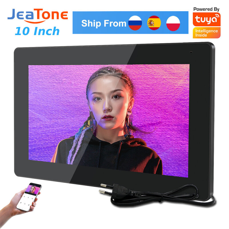 Jeatone Monitor Video nirkabel pintar, Monitor 10 inci Full Touch Tuya WiFi untuk Video interkom perlindungan keamanan 1080P Polish AC220V